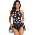Elegant black one-piece floral swimsuit with mesh detail and pink flower pattern - S / Black with Red Floral