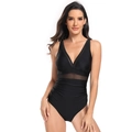Close-up of black one-piece swimsuit with mesh paneling and deep V-neckline - S / Black
