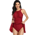 Red one-piece swim dress with halter neck and sheer mesh V-neckline detail - S / Red