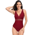 Detail of wine red one-piece swimsuit with V-neckline and sheer mesh waist panel - S / Burgundy