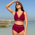 Detail of burgundy bikini with sheer mesh paneling and side ruching on high waist bottom - S / Burgundy