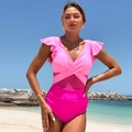 Detail of pink one-piece swimsuit with ruffle sleeves and purple mesh waist panel - S / Rose Red + Pink