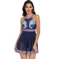 Navy blue one-piece swim dress with elephant print, halter neck and mesh skirt - S / Elephant Mesh Skirt 24076