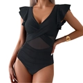 Detail of black one-piece swimsuit featuring V-neck, ruffles, and mesh waist patchwork - S / Black