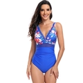 Detail view of royal blue one-piece swimsuit with tropical floral print and mesh stitching - S / Royal Blue Red Floral