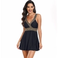Plus size black one-piece swimsuit with V-neck and golden braided waist detail - S / Black