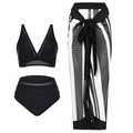 Ensemble bikini 3 pièces avec paréo de plage rayé transparent et culotte haute - S / Bikini + Cache-maillot