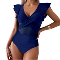 Detail of navy one-piece swimsuit with ruffle sleeves and mesh waist inserts - S / Navy Blue
