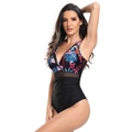 Detail of one-piece swimsuit featuring tropical floral print and black mesh waist panel - S / Black with Red Floral