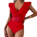 Detail of red one-piece swimsuit featuring deep V-neck, ruffle sleeves and mesh panels - L / Red