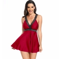 Maillot de bain deux pièces rouge foncé grande taille avec décolleté en V et résille - S / Rouge Vin (24077)