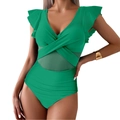 Close-up of green one-piece swimsuit featuring mesh patchwork and ruffle sleeve details - S / Emerald Green