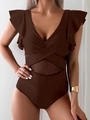 Detail of chocolate brown one-piece swimsuit with ruffle shoulders and mesh cutout - S / Coffee