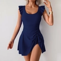 Detailed view of dark blue one-piece swimdress with ruffles and drawstring knots - S / Navy Blue