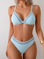 Detail of light blue bikini featuring mesh splicing and high-cut elastic fabric design - M / Ice Blue