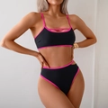 Two-piece bikini set in black with neon pink trim and side cutout details on high waist bottom - S / Black+Rose Red