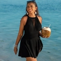 Plus size black one-piece swimsuit with mesh neckline and halter design on beach - L / Black
