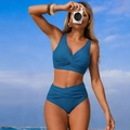 Detail of blue wrap-style bikini top and high-waisted bottoms with pleated texture - S / Top And Bottom / Teal