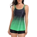 Detail of two-piece tankini set featuring green gradient dot print and black boyleg shorts - S / Green