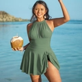 Plus size dark green one-piece swimdress with halter neck and mesh detail - L / Army Green