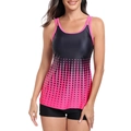 Detail of pink polka dot gradient tankini top with sporty black boyleg swim shorts - S / Top And Bottom / Rose Red