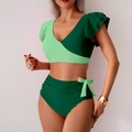Zweiteiliger High-Waist-Bikini mit Rüschenschultern und mintgrünem Schleifendetail am Bund - S / Grünes Patchwork