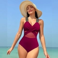 Maillot de bain une pièce bordeaux avec empiècements en maille et bretelles tressées - S / Style de Ruban Rouge Vin (24130)
