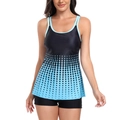 Detail of two-piece tankini with black and light blue polka dot pattern and boy shorts - S / Top And Bottom / Lake Blue