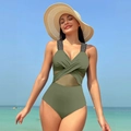 Maillot de bain une pièce vert olive avec col en V croisé et empiècements en résille - S / Style de Ruban Vert Armée (24130)