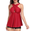 Detail of red crossover halter neck tankini top with flattering A-line silhouette - S / Red Top and Black Shorts