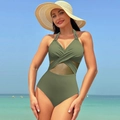 Monokini vert olive une pièce avec décolleté licou, plis à l'avant et résille à la taille - S / Vert Armée (221023)