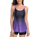 Detail of tankini top with purple gradient dots and black boyleg swim shorts - S / Purple
