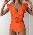 Bright orange one-piece swimsuit featuring ruffled cap sleeves and a deep V-neckline - S / Orange