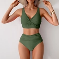 Zweiteiliger olivgrüner Bikini mit Cross-V-Ausschnitt und hoher geraffter Badehose - S / Armeegrün