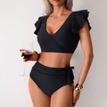 Schwarzer Damen-Bikini Zweiteiler mit Rüschenärmeln und High-Waist-Hose mit Schleife - S / Schwarz