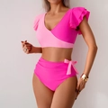 Zweiteiliger Bikini mit Farbblock-Design, Rüschendetails und hoher Taille mit Schleife - S / Rosa Patchwork