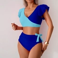Zweiteiliger Bikini mit Farbblock-Design, Rüschenschultern und hoch taillierter Badehose - S / Blau Kontrast