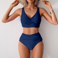 Women's deep blue two-piece high waisted bikini set with elegant V-neck criss-cross detailing - S / Top And Bottom / Grey Blue