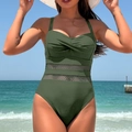 Detail of dark green one-piece swimsuit with front knot and mesh waist cutouts - S / Army Green