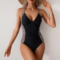 Sexy black one-piece halter swimsuit with leopard print panels for slimming effect - S / Black + Leopard