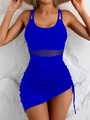 Detail of royal blue one-piece swimsuit featuring mesh cutouts and side drawstring ties - S / Sapphire Blue