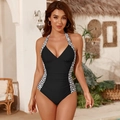 Black halter neck one-piece swimsuit with geometric print trim and deep V-neckline - S / Black Geometric