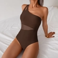 Dark brown one-shoulder swimsuit featuring sheer mesh panels and hollow out details - L / Brown