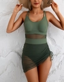 Olive green one-piece swimsuit with mesh panels and side drawstring sarong skirt - S / Army Green