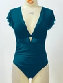 Bañador de una pieza azul verdoso con escote en V de malla y mangas con volantes - S / Bikini Verde Pavo Real Con Cubierta