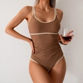 Dark brown one-piece swimsuit with off-white piping and flattering tummy control ruching - S / Light Coffee and Beige