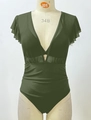 Bañador de una pieza verde oliva con detalles de malla, escote en V y volantes - S / Bikini Verde Militar Con Cubierta