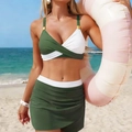 Two-piece olive green and white contrast bikini set with a ruffled swim skirt - S / Army Green & White