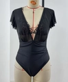 Sexy schwarzer Netz-Bodysuit mit Leopardenmuster und Rüschenärmeln Design - S / Schwarz Leopard Bikini Mit Coverup