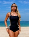 Women's black one-piece swimsuit with leopard print side panels and scalloped neckline - S / Black Leopard